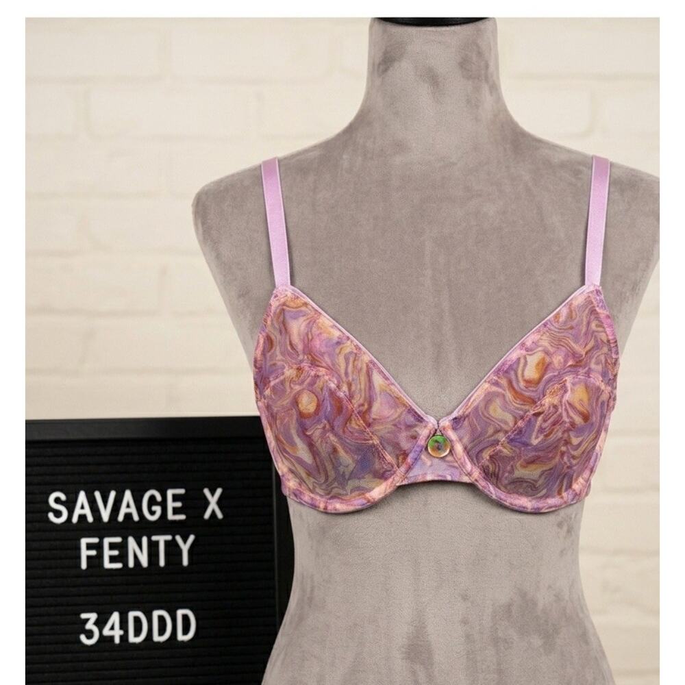 Savage X Fenty Bra Women's Size 34DDD Pink Psychedelic Tie Dye Unlined Lace